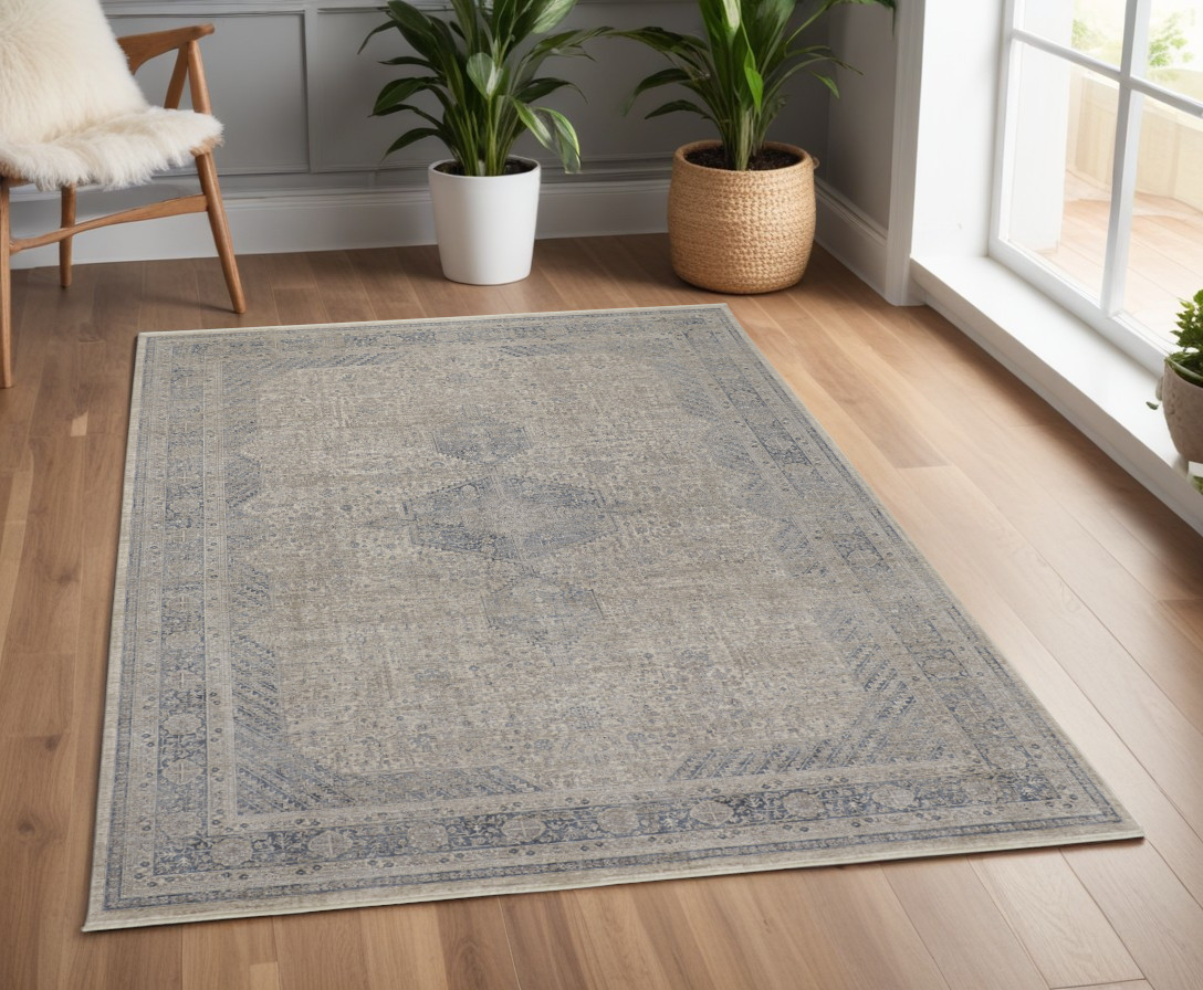 4" X 5" Gray Blue and Taupe Oriental Power Loom Worn Faded Area Rug With Fringe