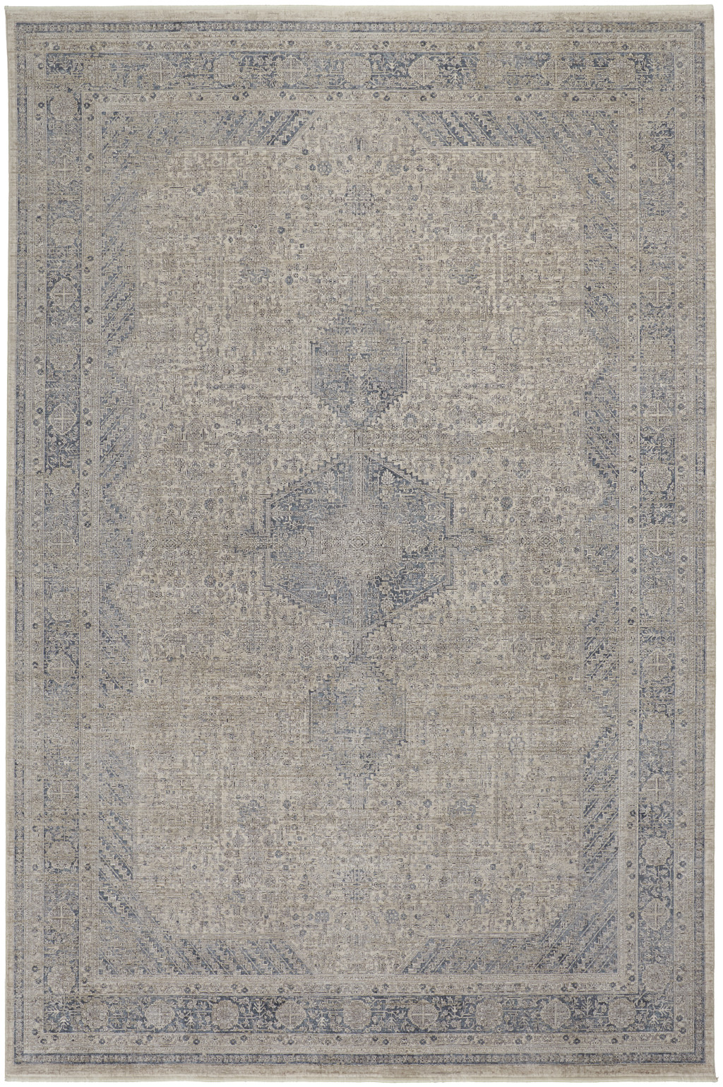 8" X 10" Gray Blue and Taupe Oriental Power Loom Worn Faded Area Rug With Fringe