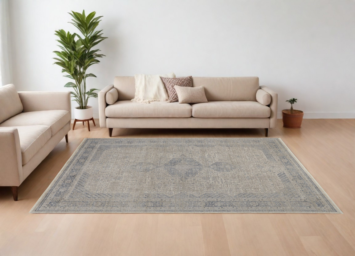 8" X 10" Gray Blue and Taupe Oriental Power Loom Worn Faded Area Rug With Fringe