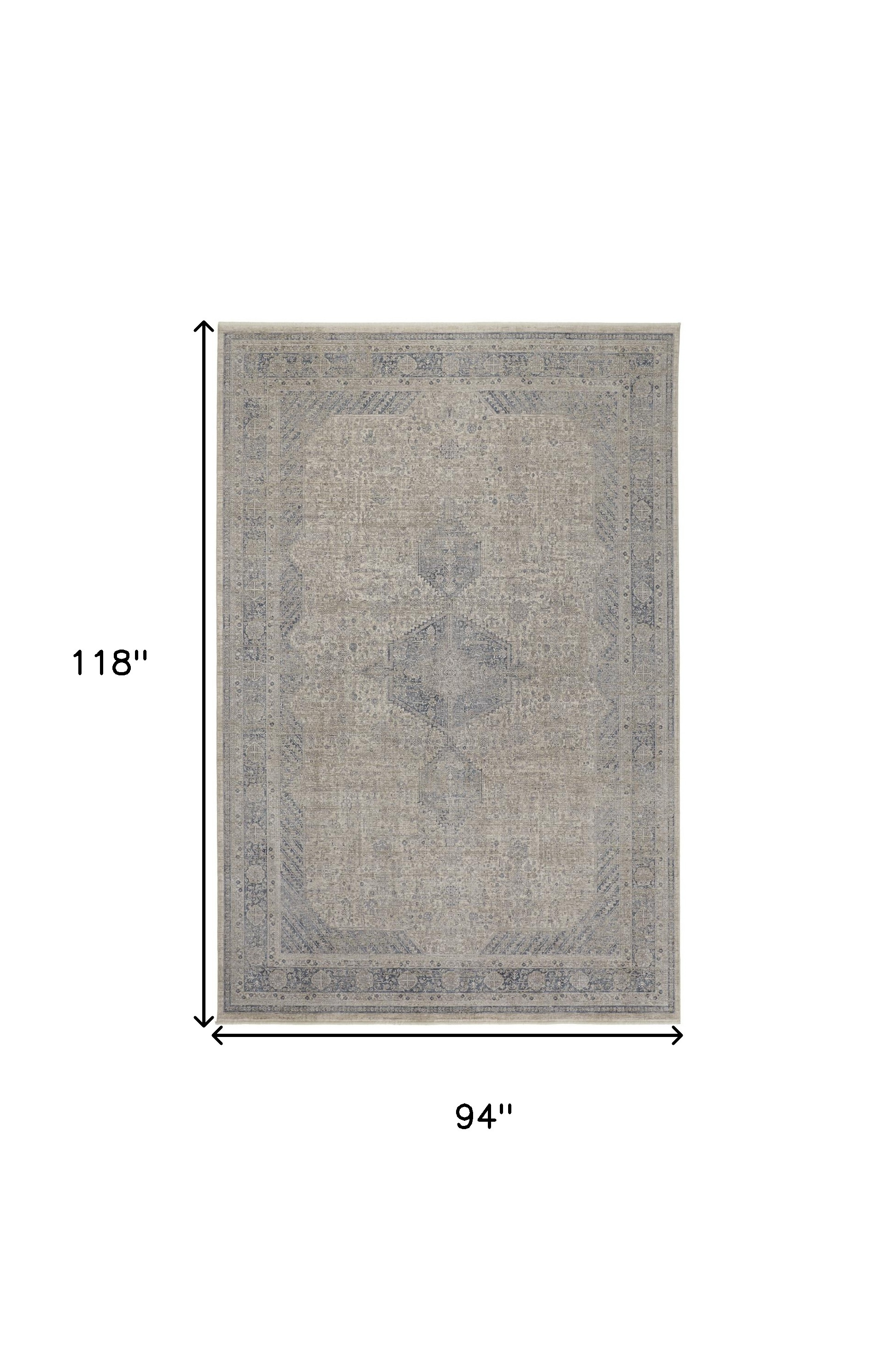 8" X 10" Gray Blue and Taupe Oriental Power Loom Worn Faded Area Rug With Fringe