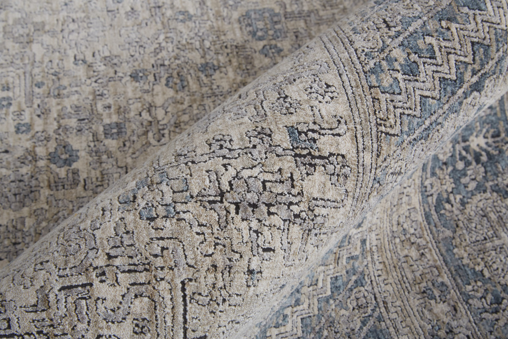 8" Gray Blue and Taupe Oriental Power Loom Worn Faded Runner Rug With Fringe