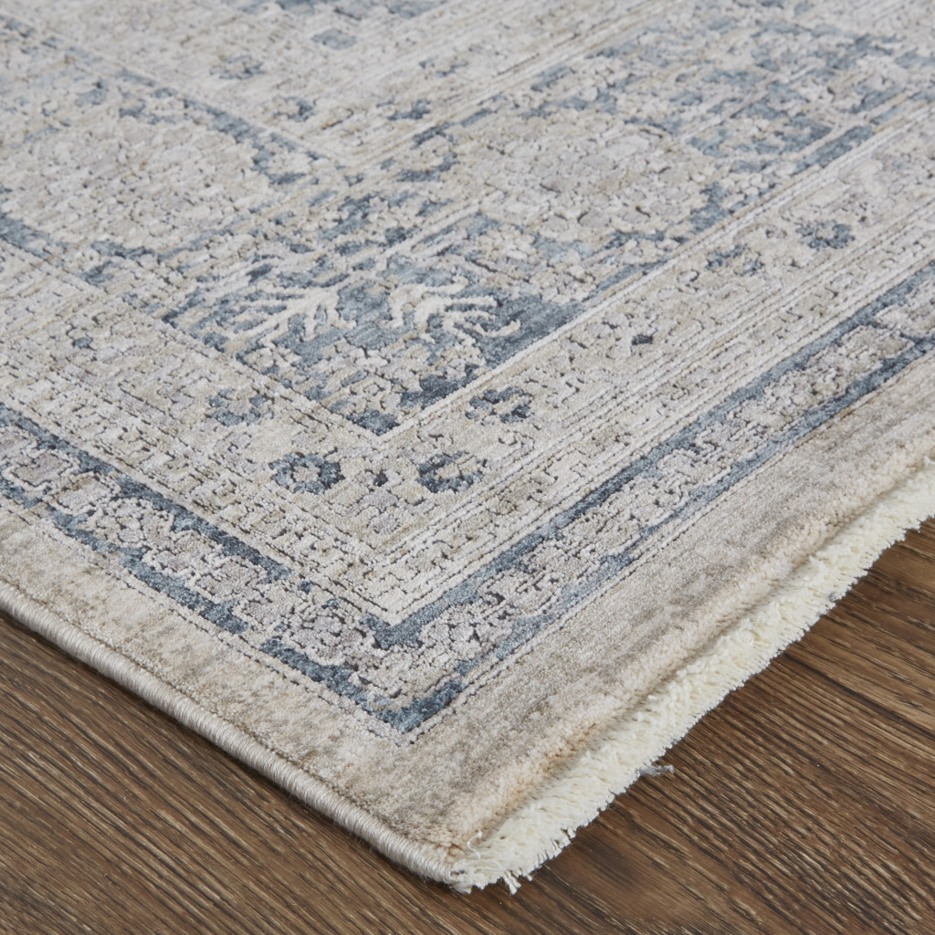 8" Gray Blue and Taupe Oriental Power Loom Worn Faded Runner Rug With Fringe