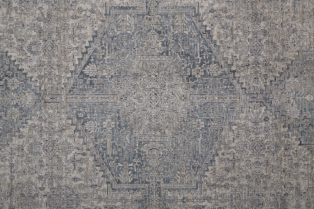 8" Gray Blue and Taupe Oriental Power Loom Worn Faded Runner Rug With Fringe