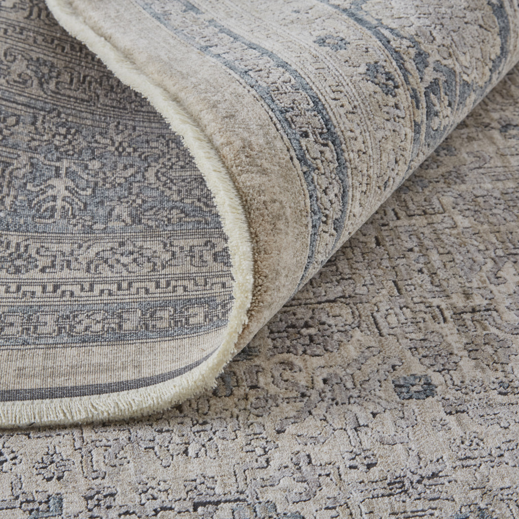 8" Gray Blue and Taupe Oriental Power Loom Worn Faded Runner Rug With Fringe