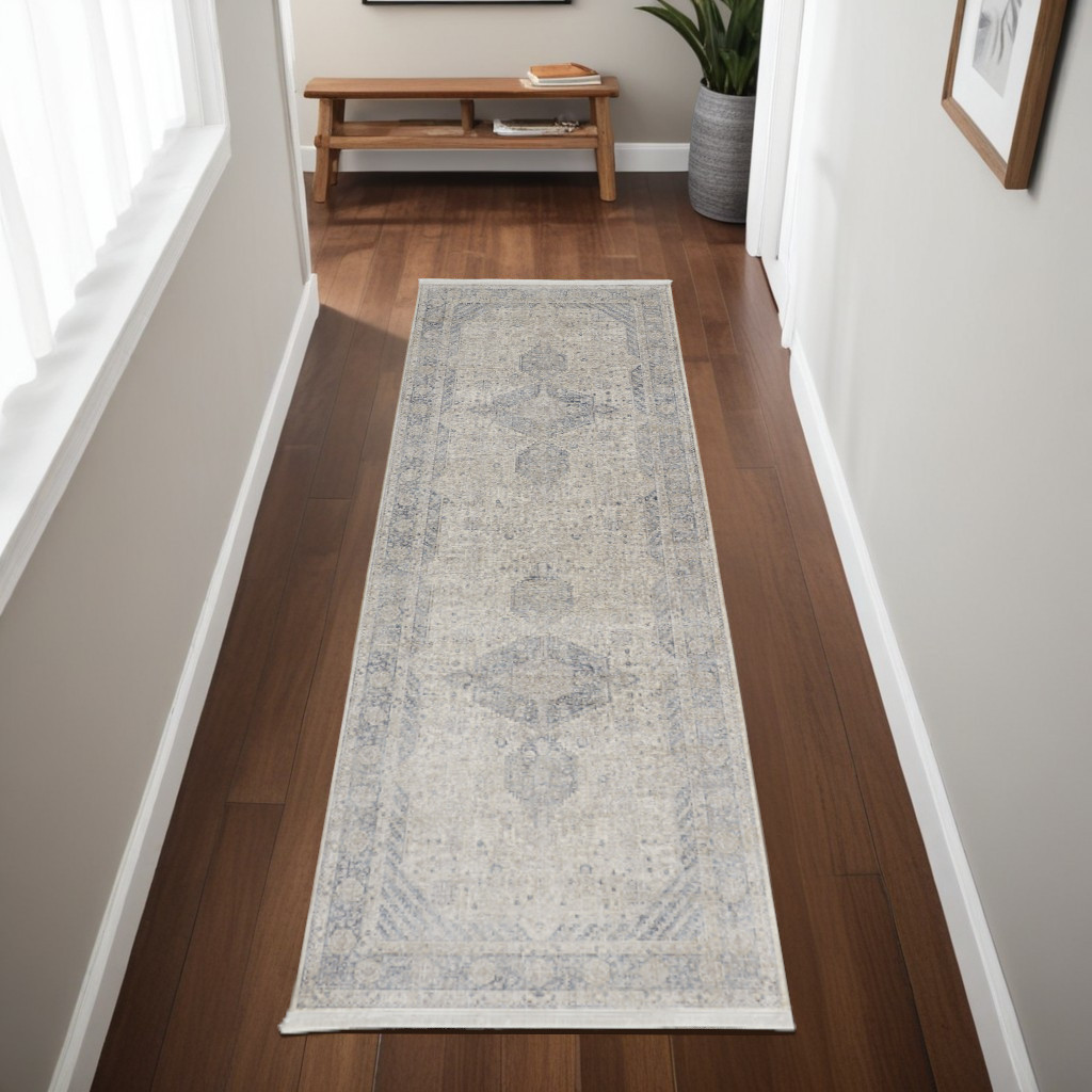 8" Gray Blue and Taupe Oriental Power Loom Worn Faded Runner Rug With Fringe