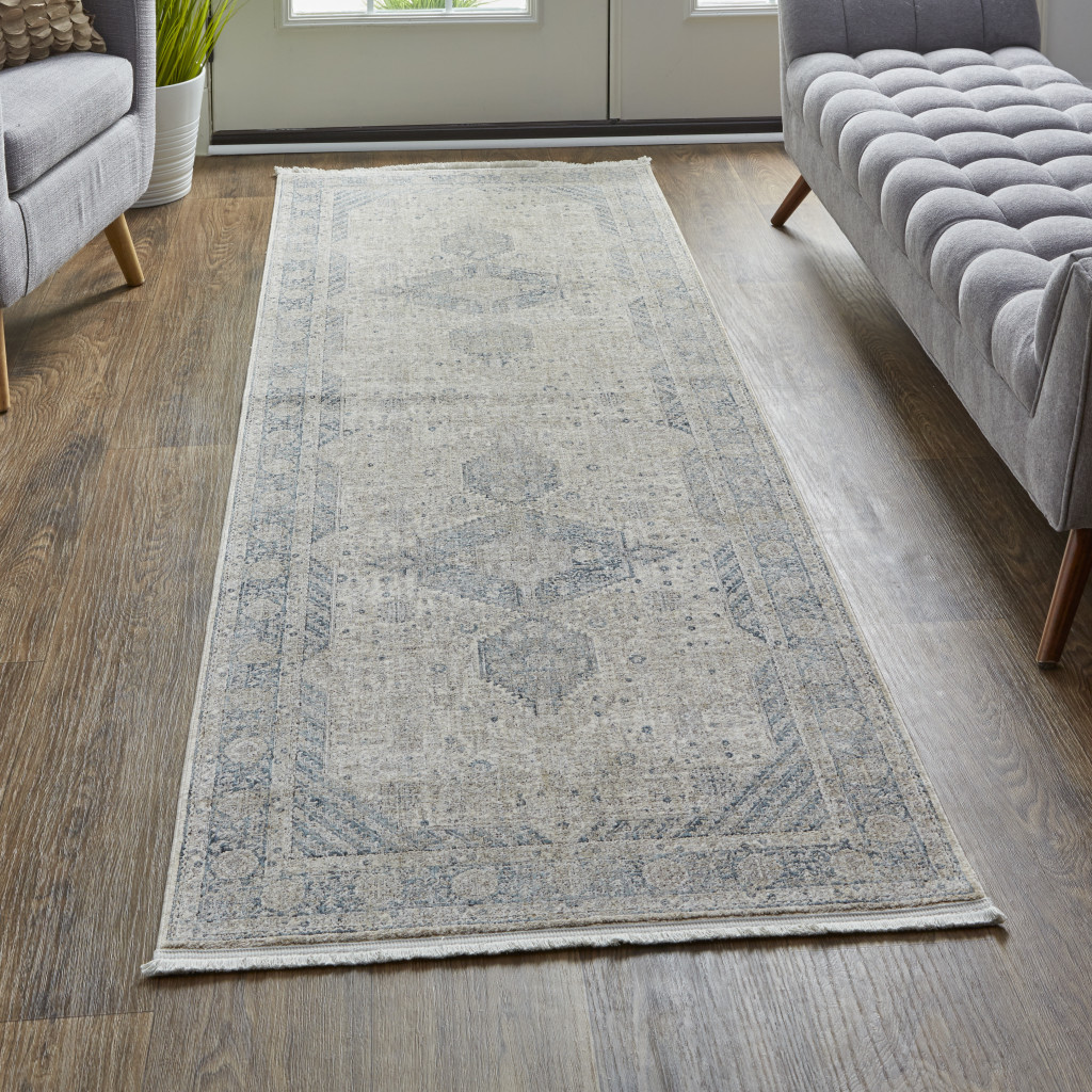8" Gray Blue and Taupe Oriental Power Loom Worn Faded Runner Rug With Fringe