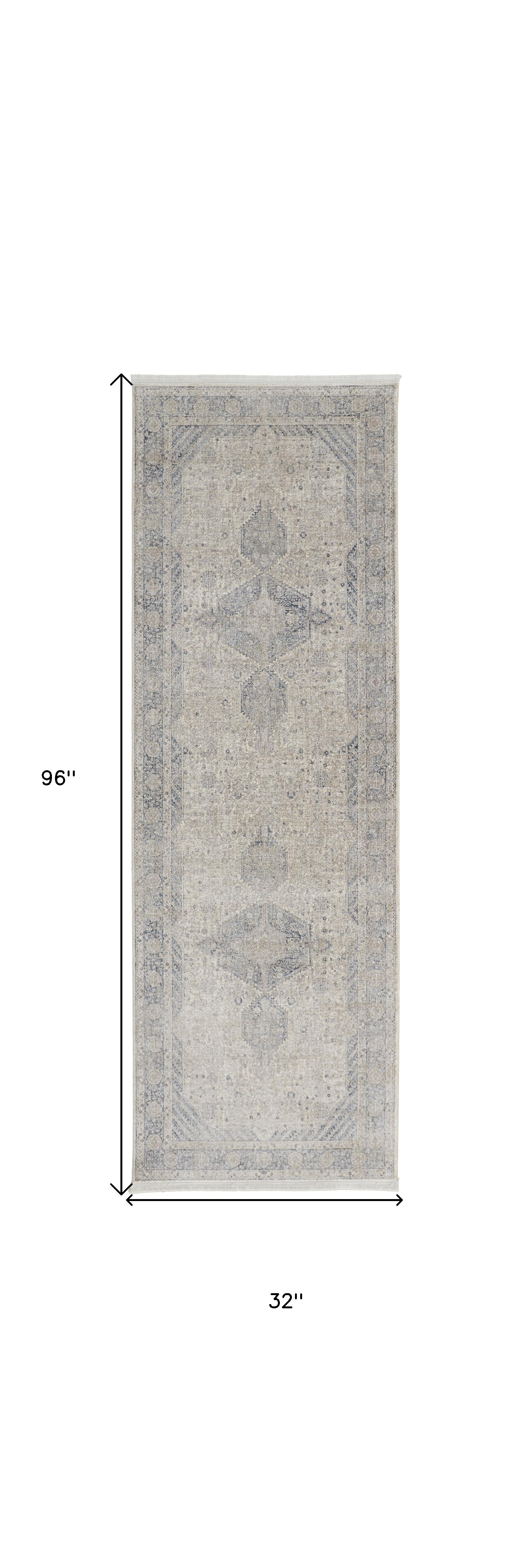 8" Gray Blue and Taupe Oriental Power Loom Worn Faded Runner Rug With Fringe