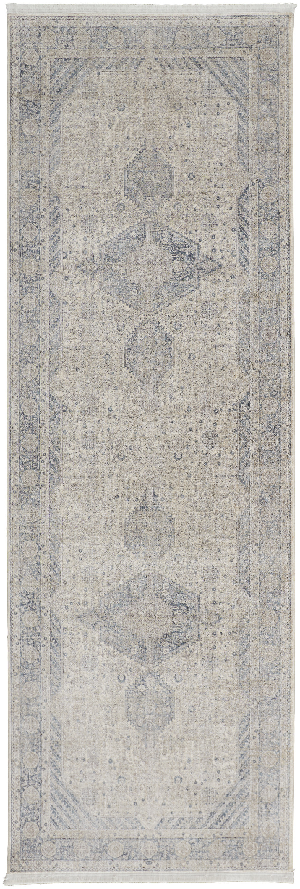 8" Gray Blue and Taupe Oriental Power Loom Worn Faded Runner Rug With Fringe