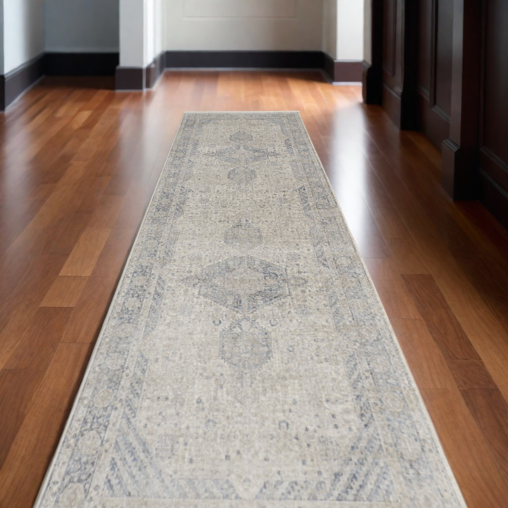 12" Gray Blue and Taupe Oriental Power Loom Worn Faded Runner Rug With Fringe