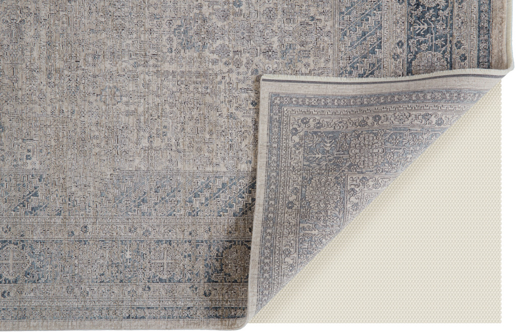 2" X 3" Gray Blue and Taupe Oriental Power Loom Worn Faded Area Rug With Fringe