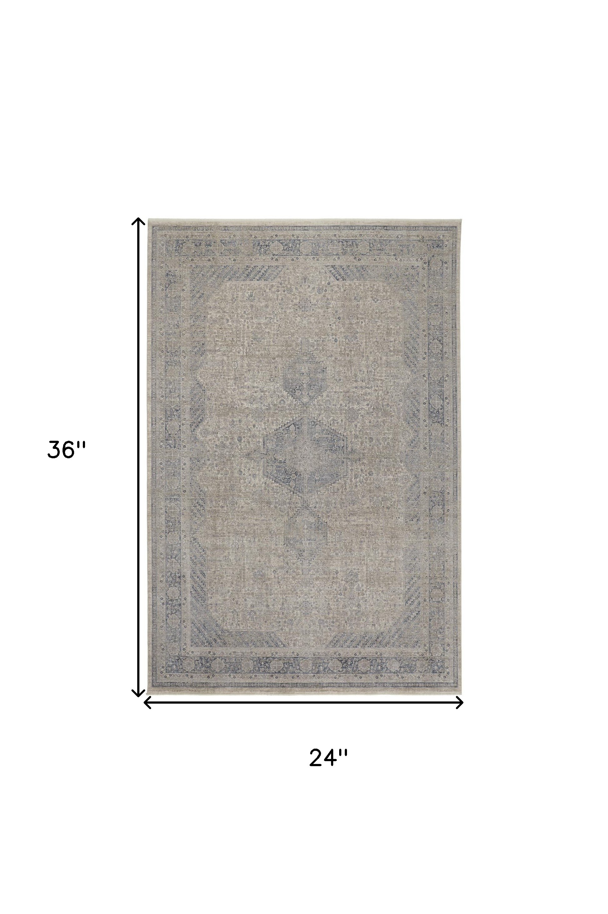 2" X 3" Gray Blue and Taupe Oriental Power Loom Worn Faded Area Rug With Fringe