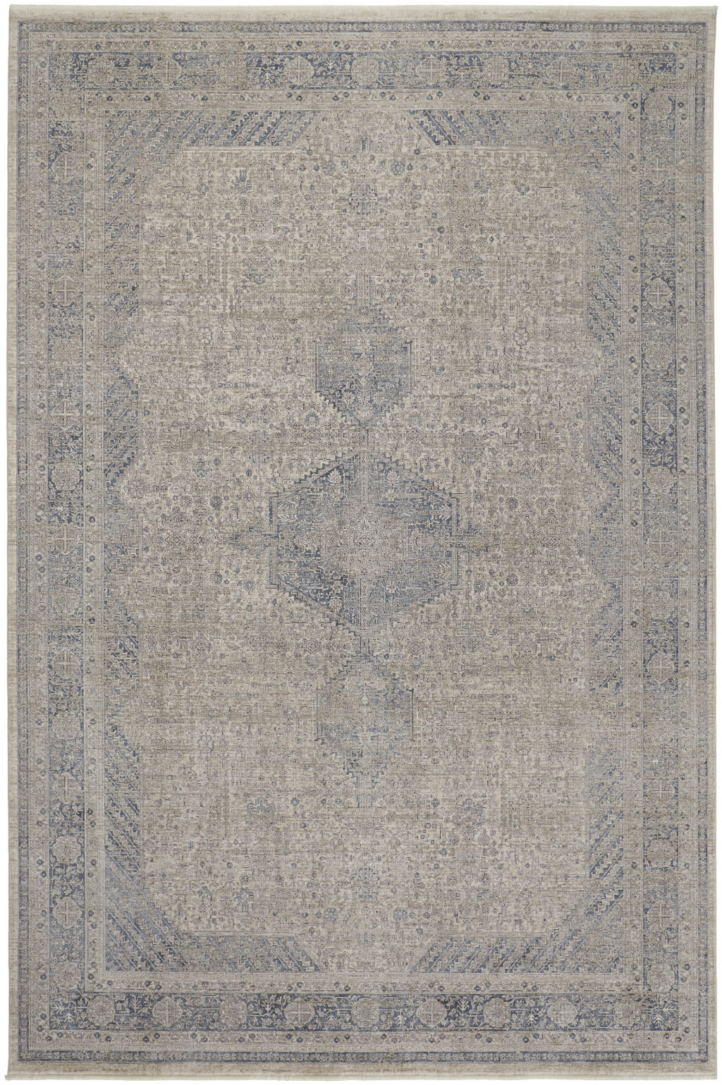2" X 3" Gray Blue and Taupe Oriental Power Loom Worn Faded Area Rug With Fringe