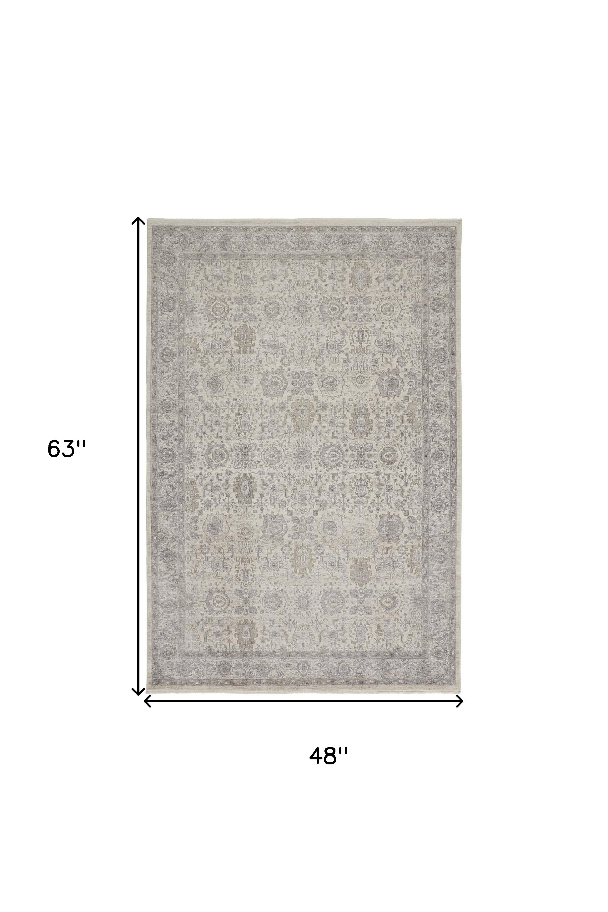 4" X 5" Gray and Ivory Oriental Power Loom Worn Faded Area Rug With Fringe