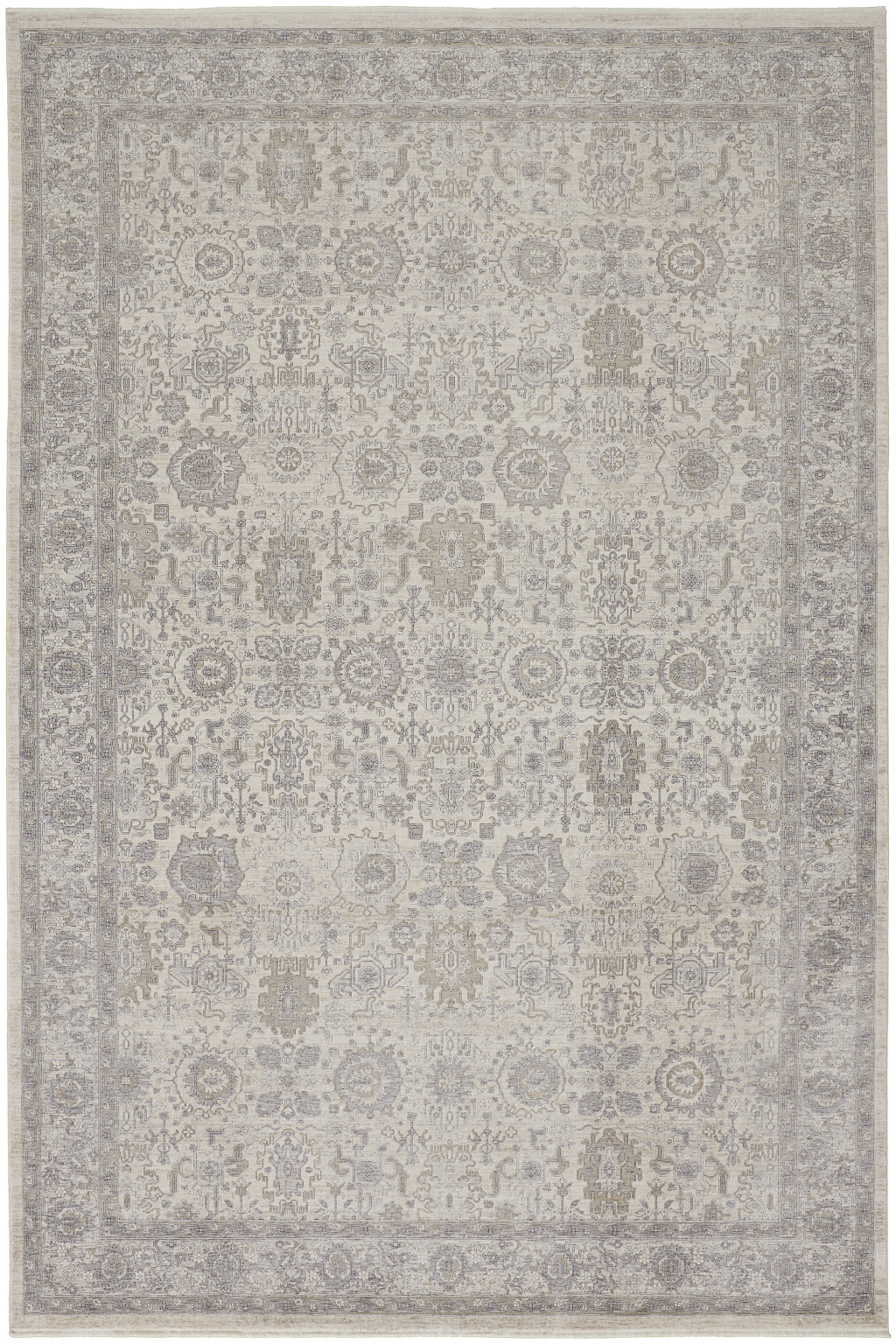 8" X 10" Gray and Ivory Oriental Power Loom Worn Faded Area Rug With Fringe