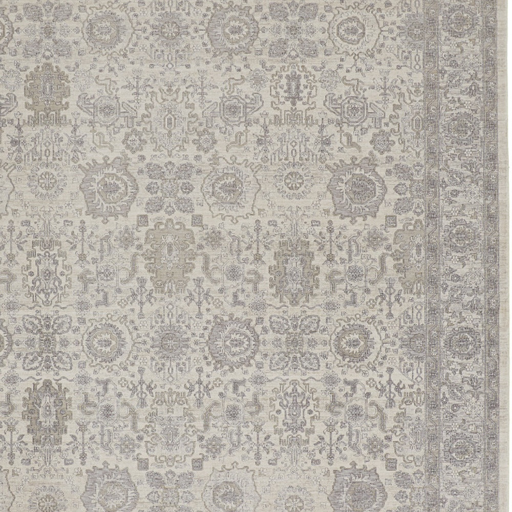 8" X 10" Gray and Ivory Oriental Power Loom Worn Faded Area Rug With Fringe
