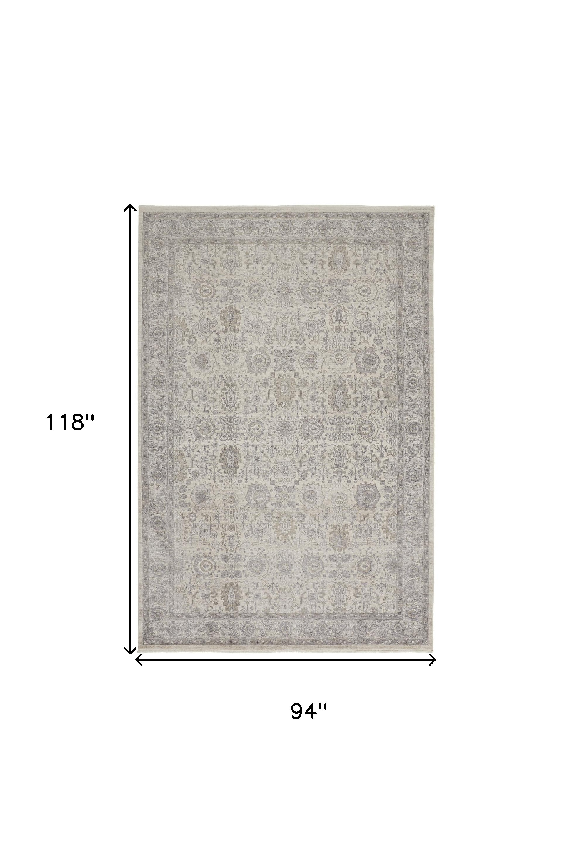 8" X 10" Gray and Ivory Oriental Power Loom Worn Faded Area Rug With Fringe