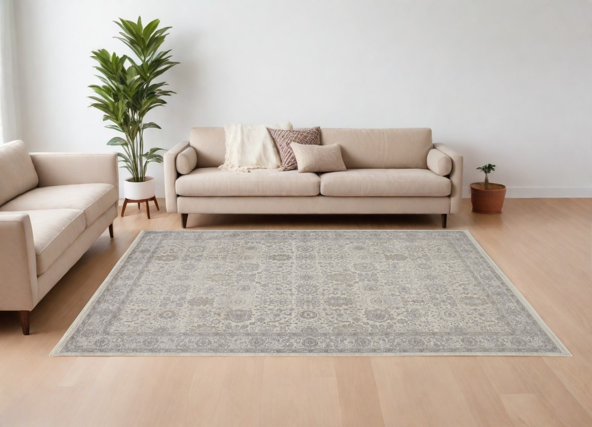 8" X 10" Gray and Ivory Oriental Power Loom Worn Faded Area Rug With Fringe