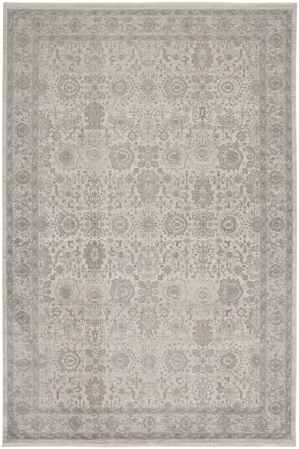 8" X 10" Gray and Ivory Oriental Power Loom Worn Faded Area Rug With Fringe