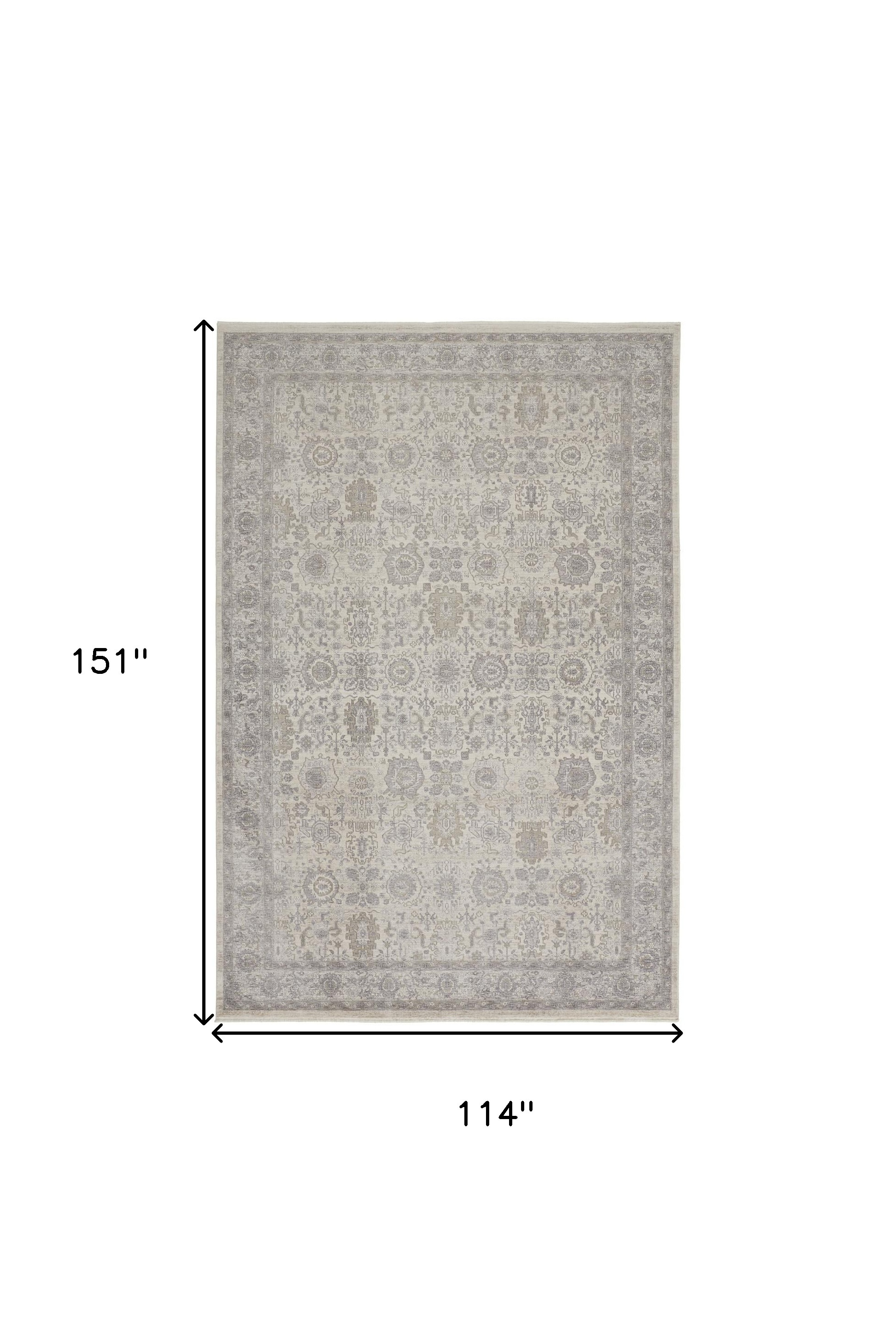 9" X 13" Gray and Ivory Oriental Power Loom Worn Faded Area Rug With Fringe