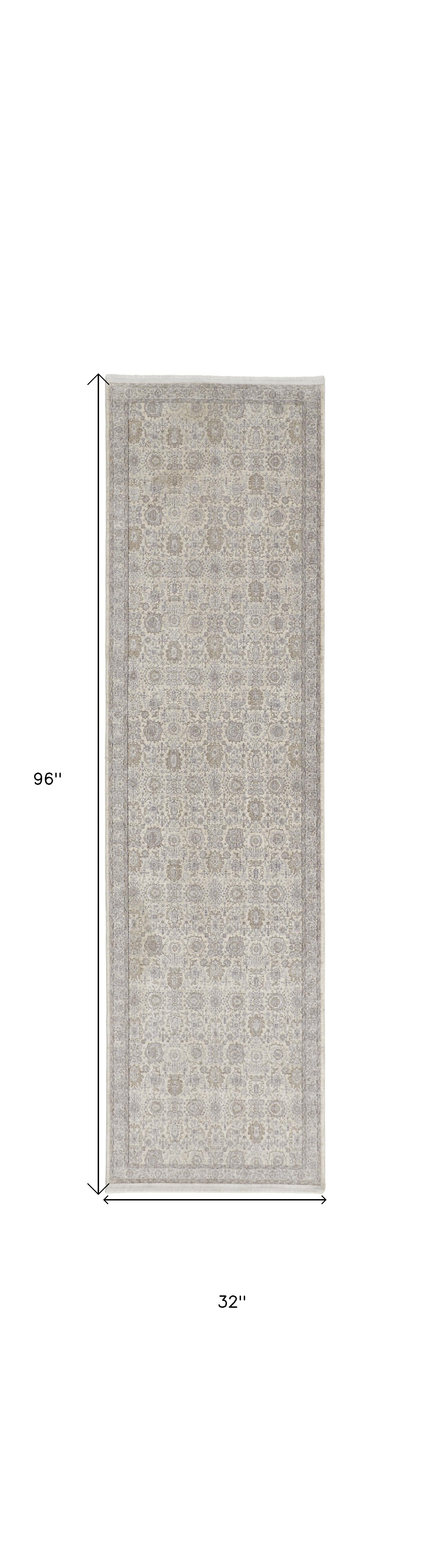 8" Gray and Ivory Oriental Power Loom Worn Faded Runner Rug With Fringe