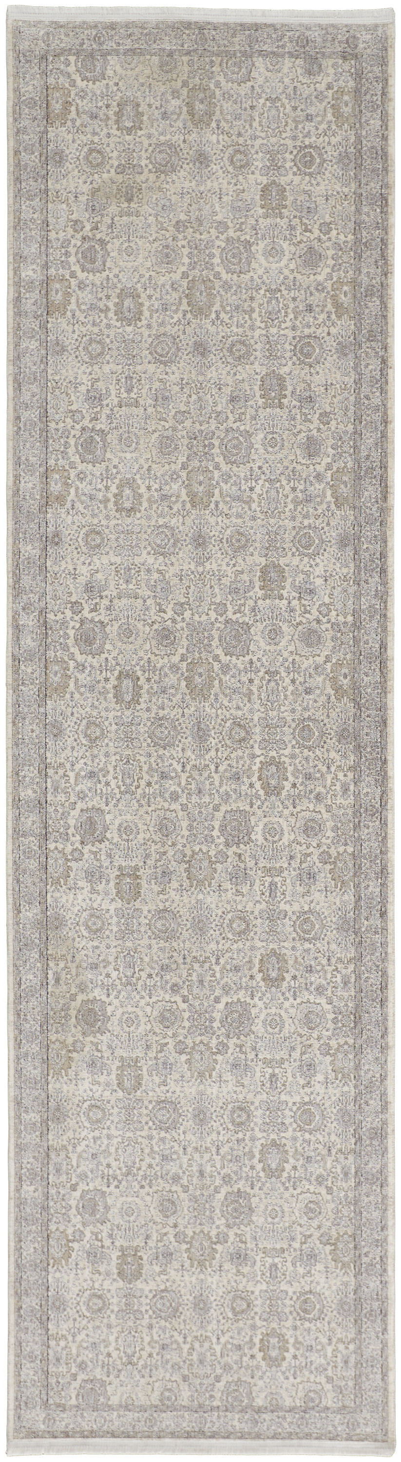 8" Gray and Ivory Oriental Power Loom Worn Faded Runner Rug With Fringe