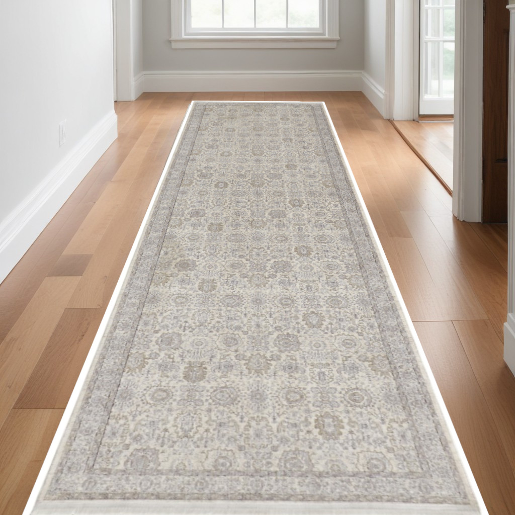 10" Gray and Ivory Oriental Power Loom Runner Rug With Fringe