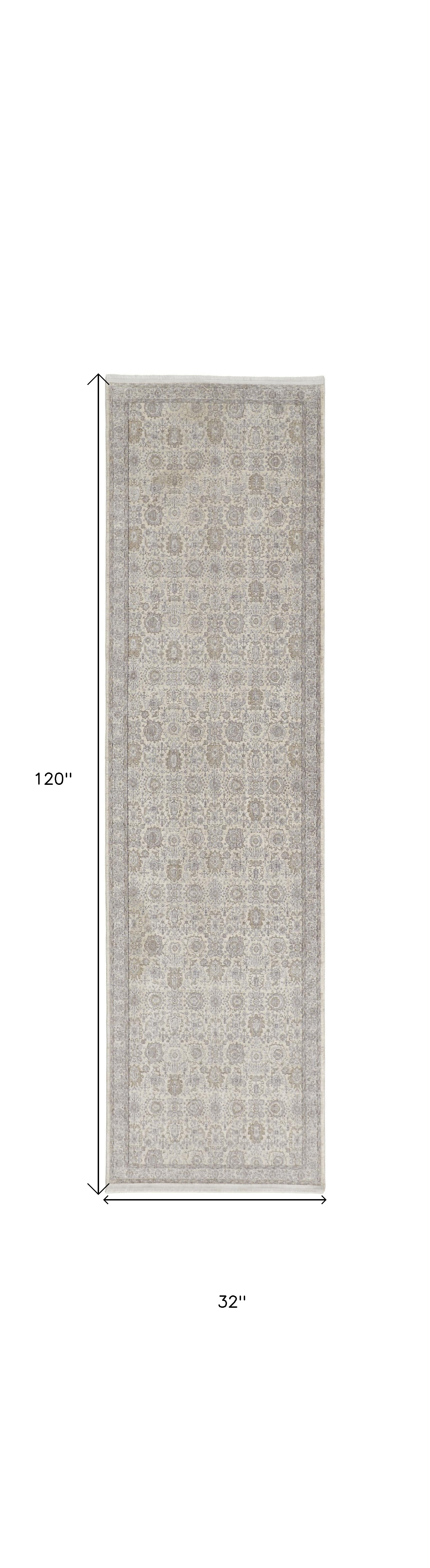 10" Gray and Ivory Oriental Power Loom Runner Rug With Fringe
