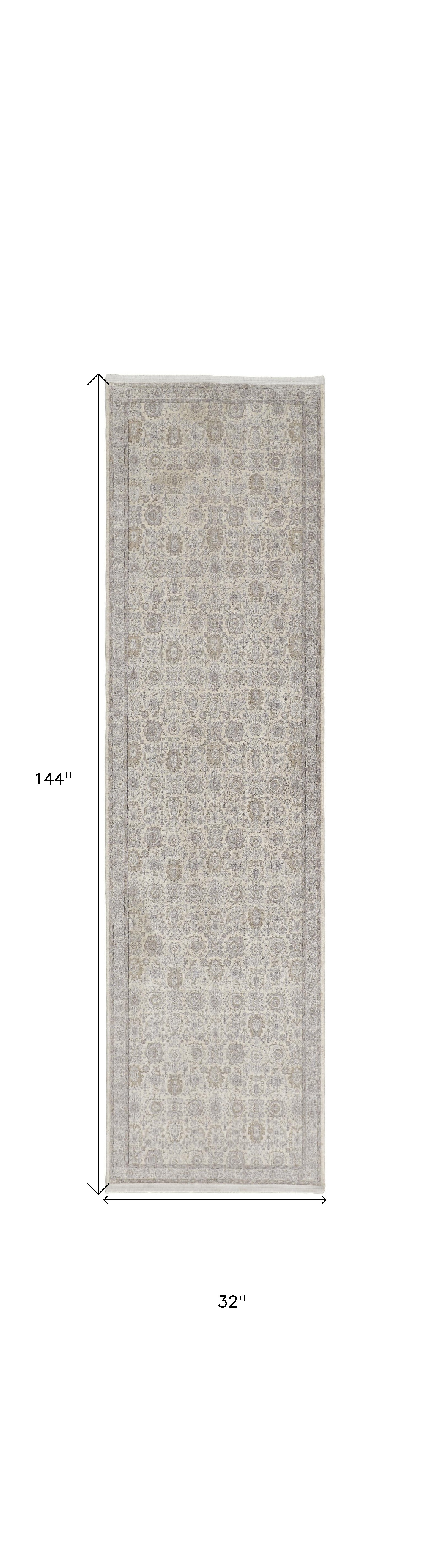12" Gray and Ivory Oriental Power Loom Worn Faded Runner Rug With Fringe