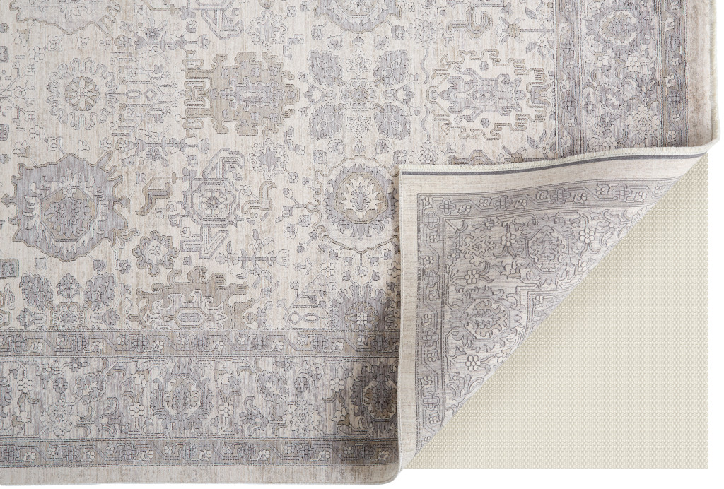 2" X 3" Gray and Ivory Oriental Power Loom Worn Faded Area Rug With Fringe