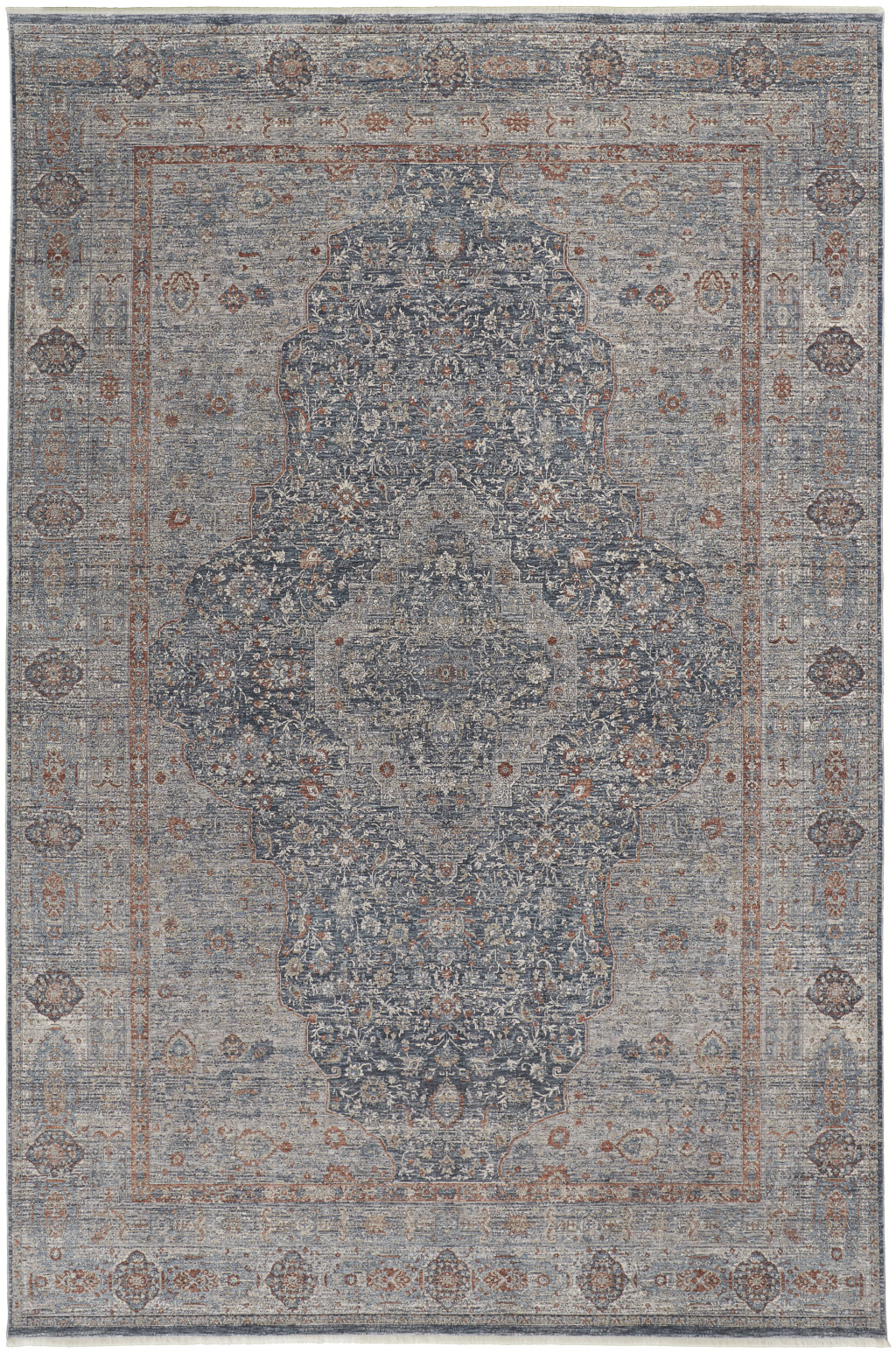 4" X 5" Gray Blue and Red Oriental Power Loom Worn Faded Area Rug With Fringe
