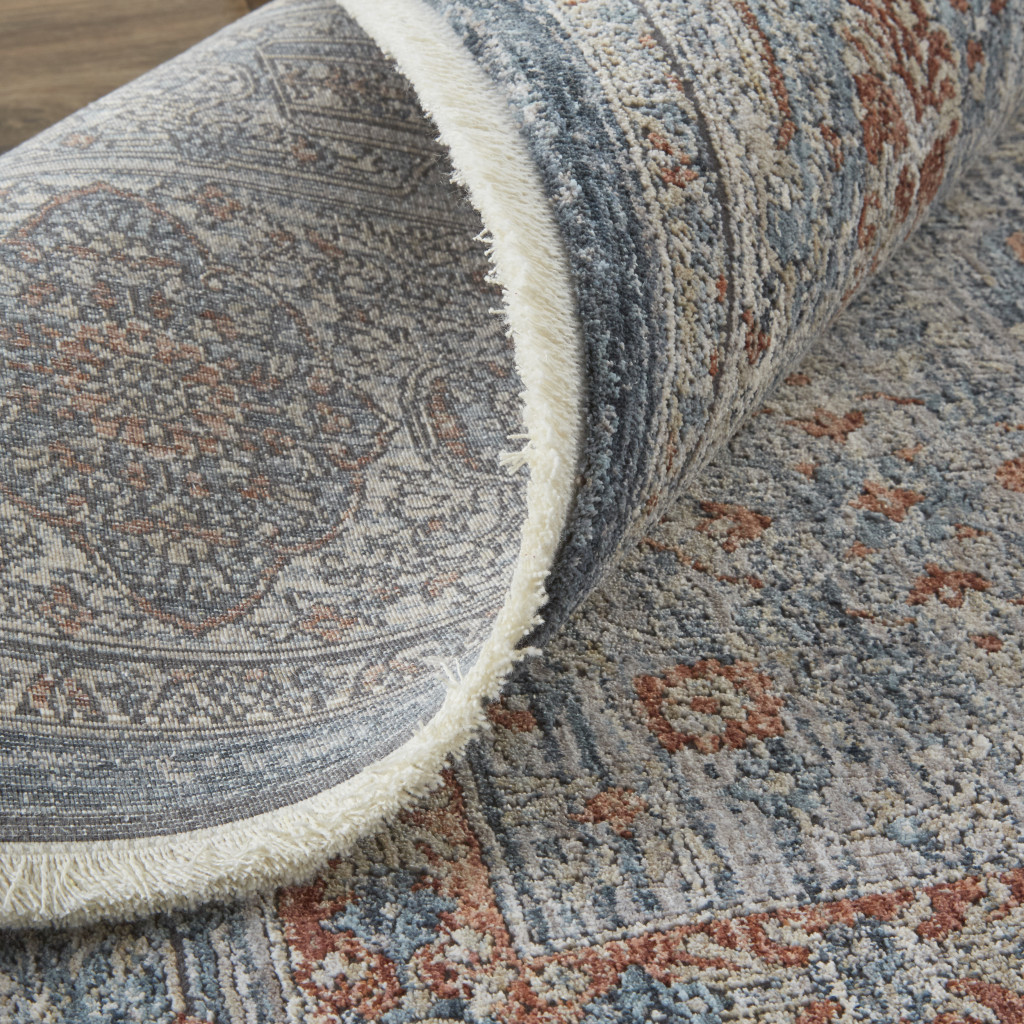 4" X 5" Gray Blue and Red Oriental Power Loom Worn Faded Area Rug With Fringe