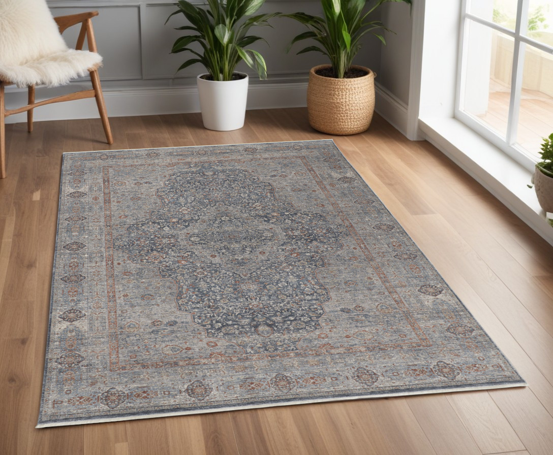 4" X 5" Gray Blue and Red Oriental Power Loom Worn Faded Area Rug With Fringe
