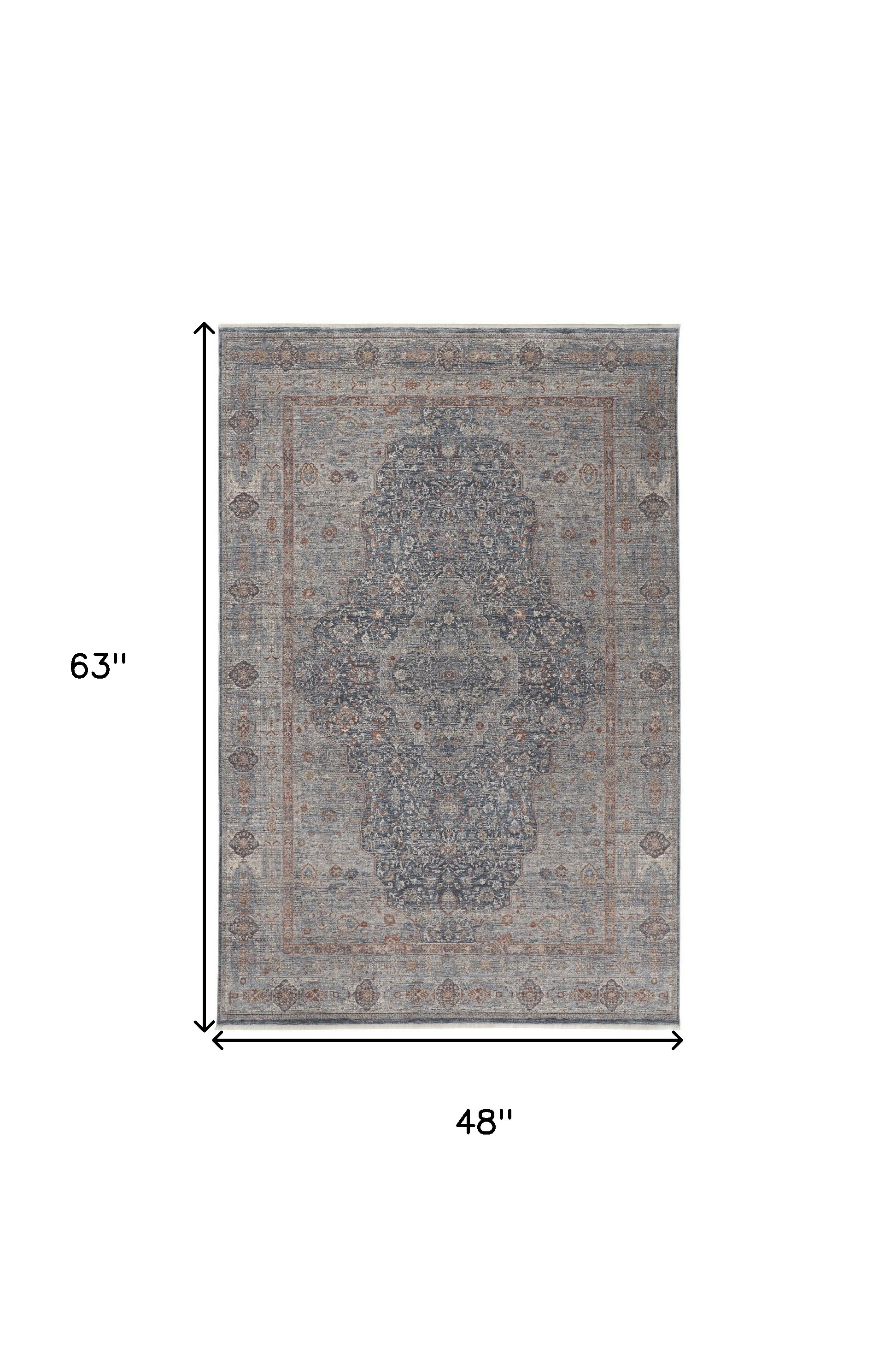 4" X 5" Gray Blue and Red Oriental Power Loom Worn Faded Area Rug With Fringe