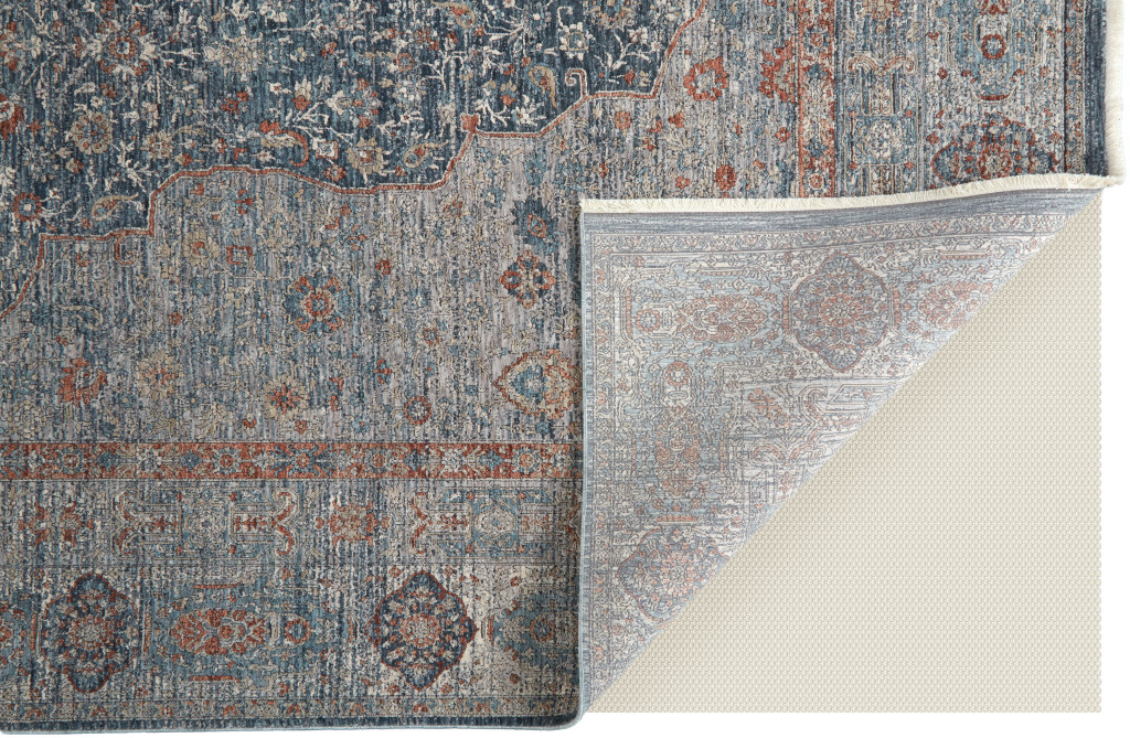 7" X 10" Gray Blue and Red Oriental Power Loom Worn Faded Area Rug With Fringe