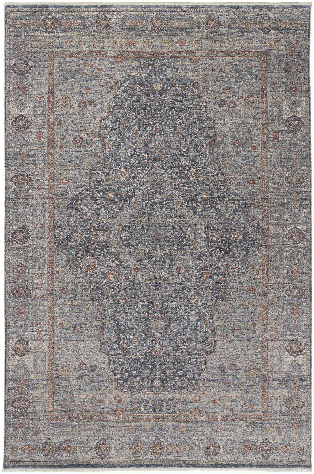 7" X 10" Gray Blue and Red Oriental Power Loom Worn Faded Area Rug With Fringe