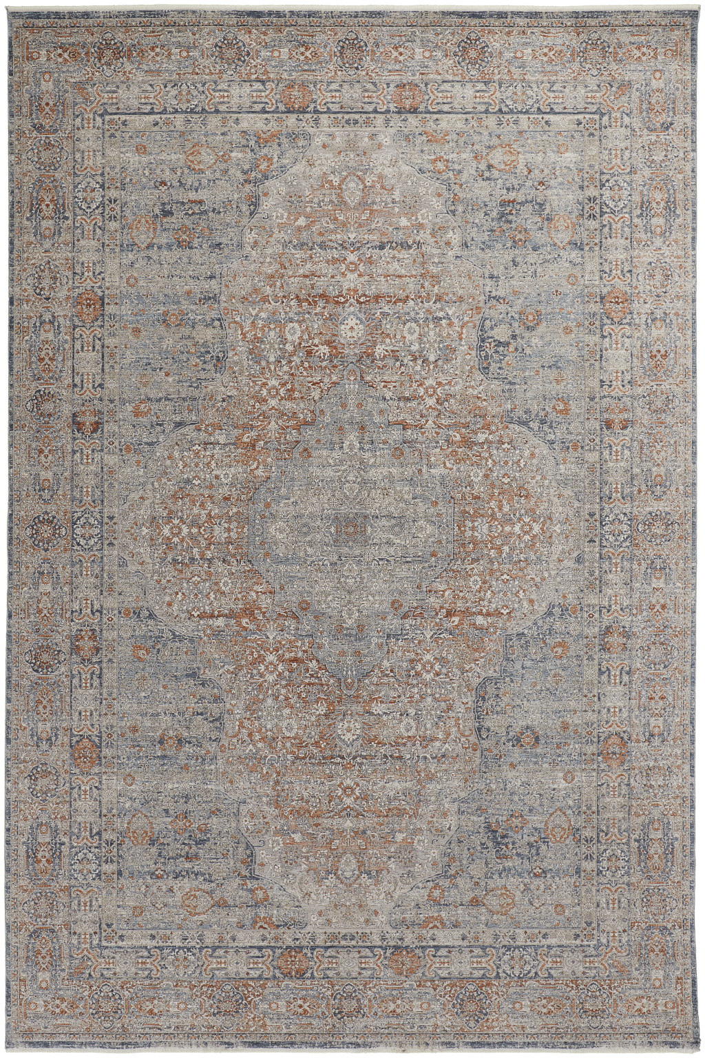 8" X 10" Gray Blue and Red Oriental Power Loom Worn Faded Area Rug With Fringe