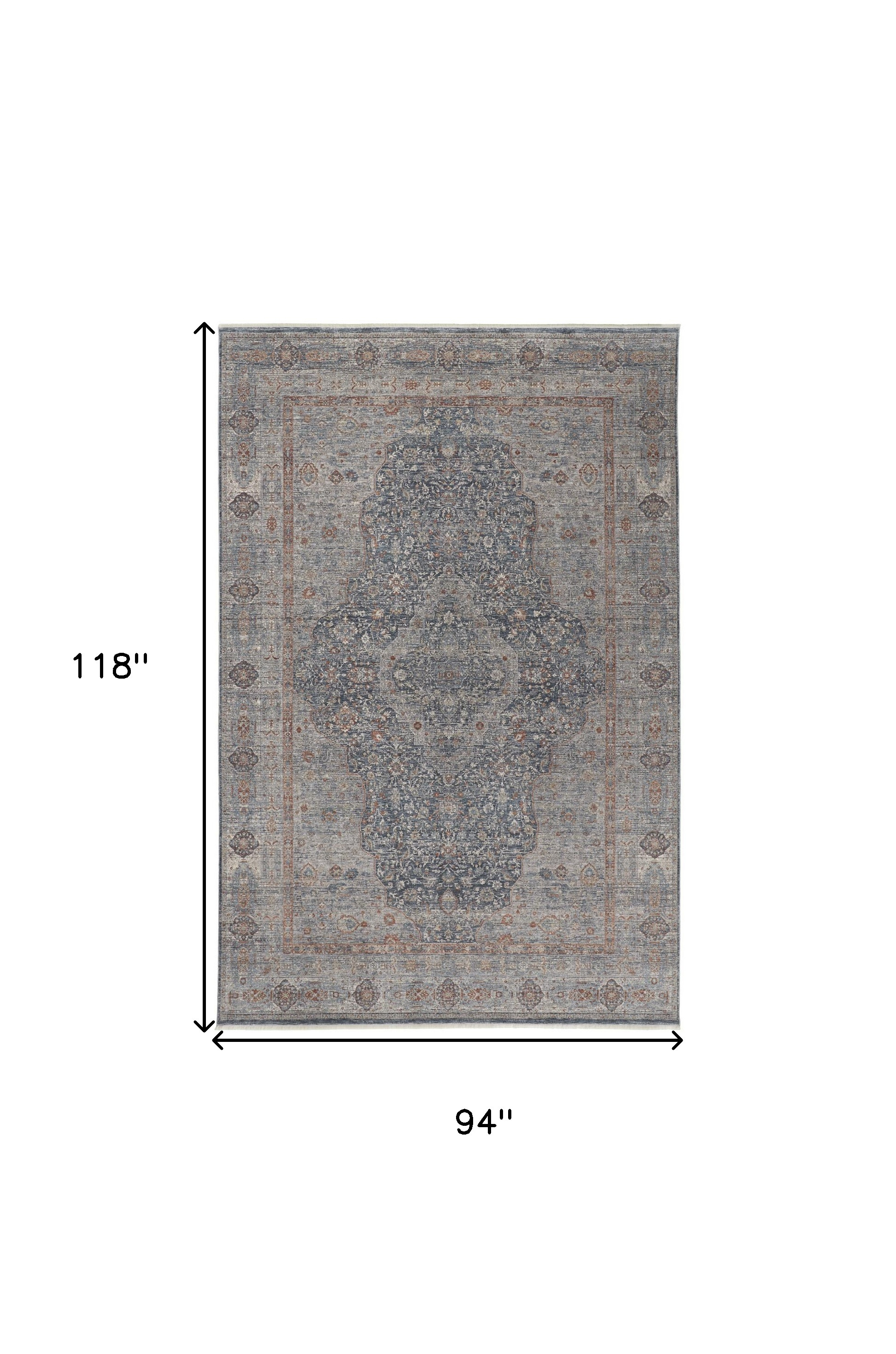8" X 10" Gray Blue and Red Oriental Power Loom Worn Faded Area Rug With Fringe
