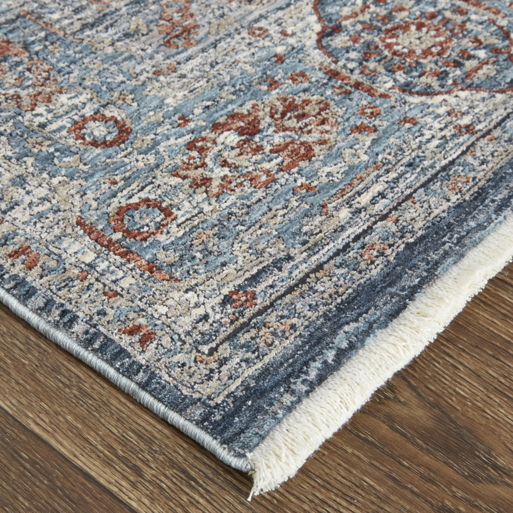 10" Gray Blue and Red Oriental Power Loom Runner Rug With Fringe