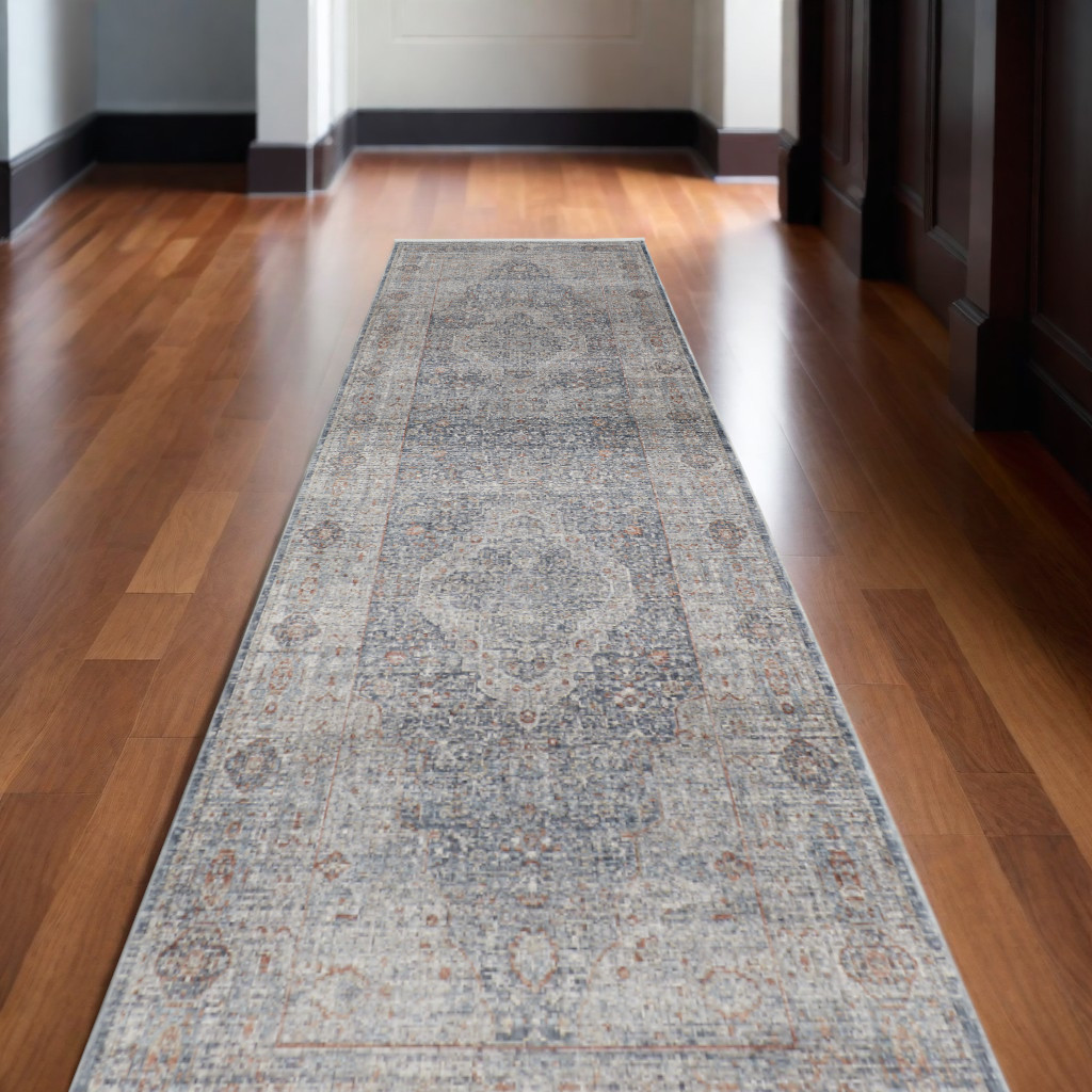 10" Gray Blue and Red Oriental Power Loom Runner Rug With Fringe