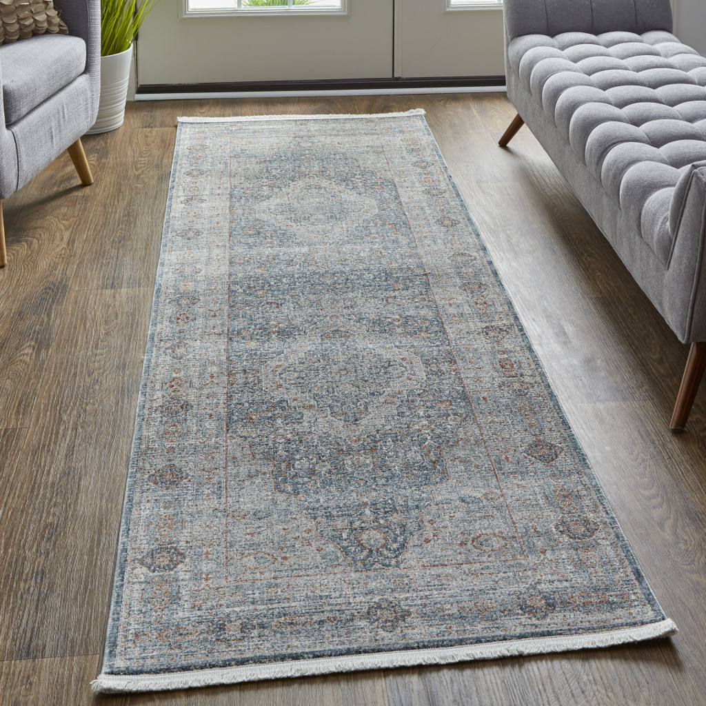 10" Gray Blue and Red Oriental Power Loom Runner Rug With Fringe
