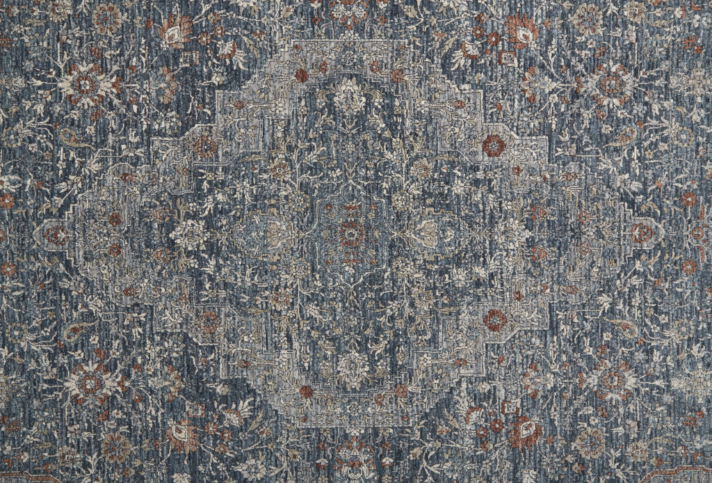 10" Gray Blue and Red Oriental Power Loom Runner Rug With Fringe