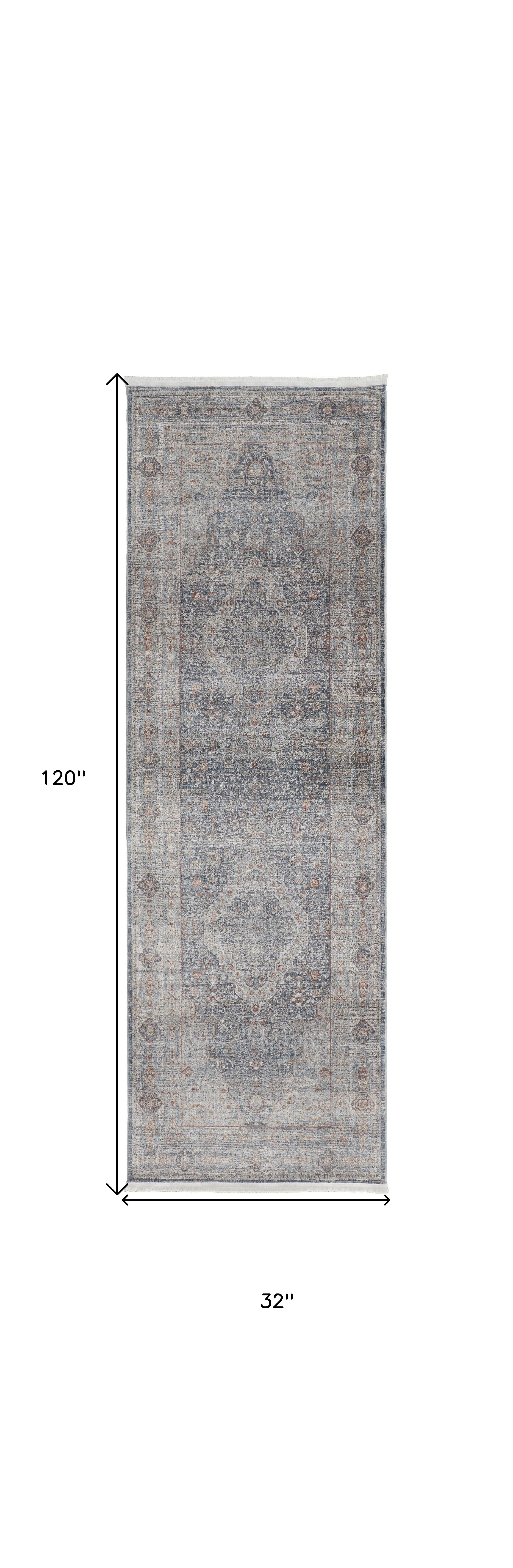 10" Gray Blue and Red Oriental Power Loom Runner Rug With Fringe
