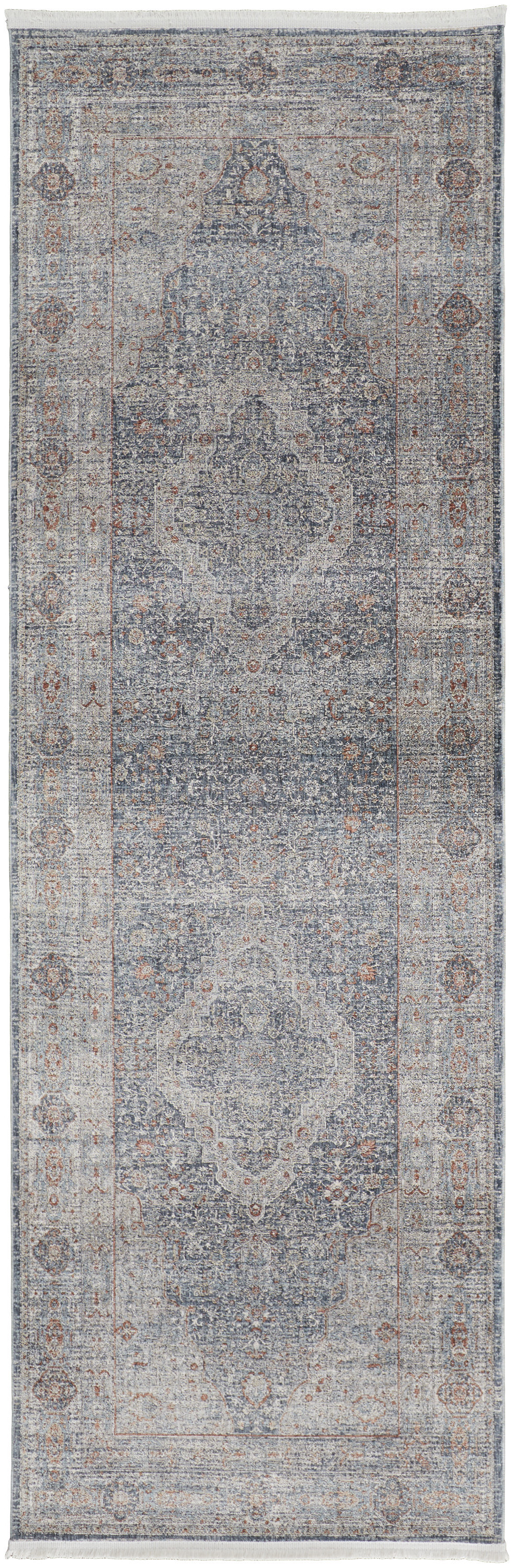 10" Gray Blue and Red Oriental Power Loom Runner Rug With Fringe