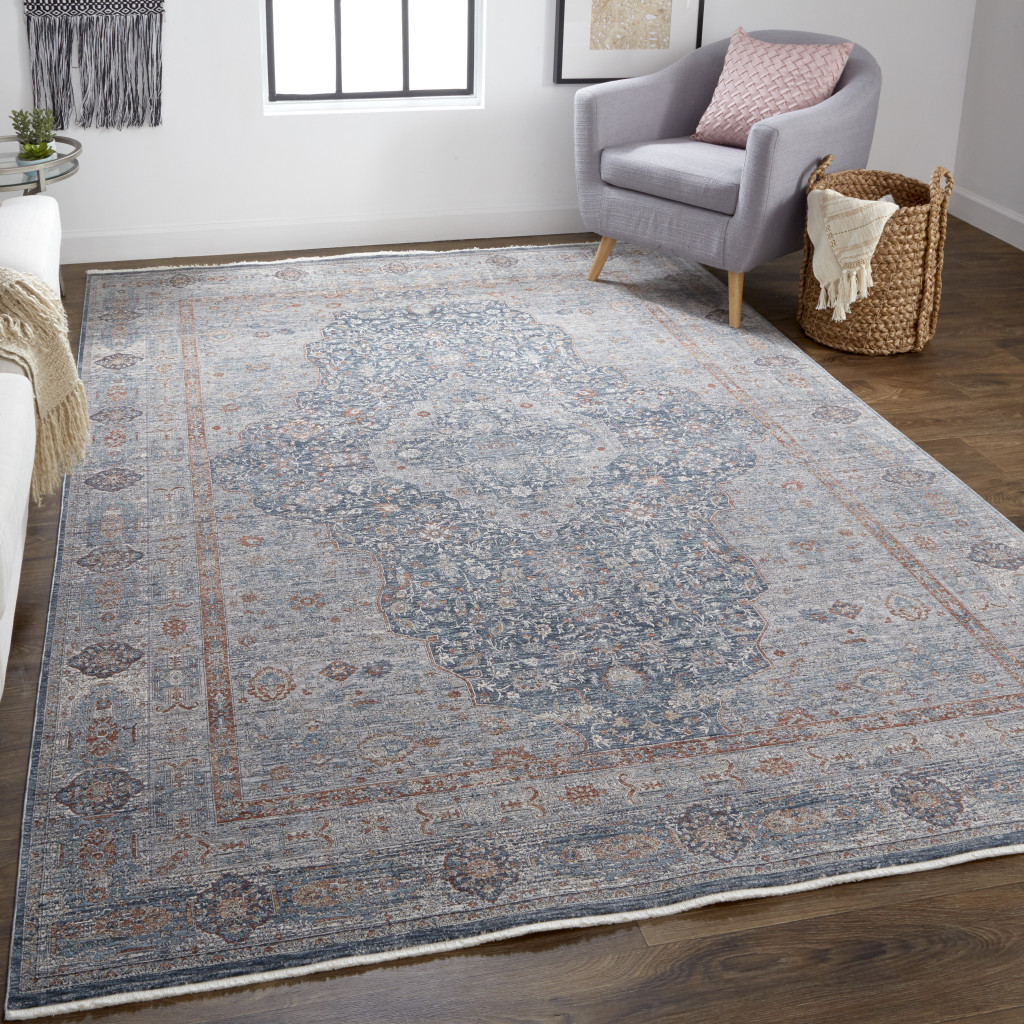 2" X 3" Gray Blue and Red Oriental Power Loom Worn Faded Area Rug With Fringe