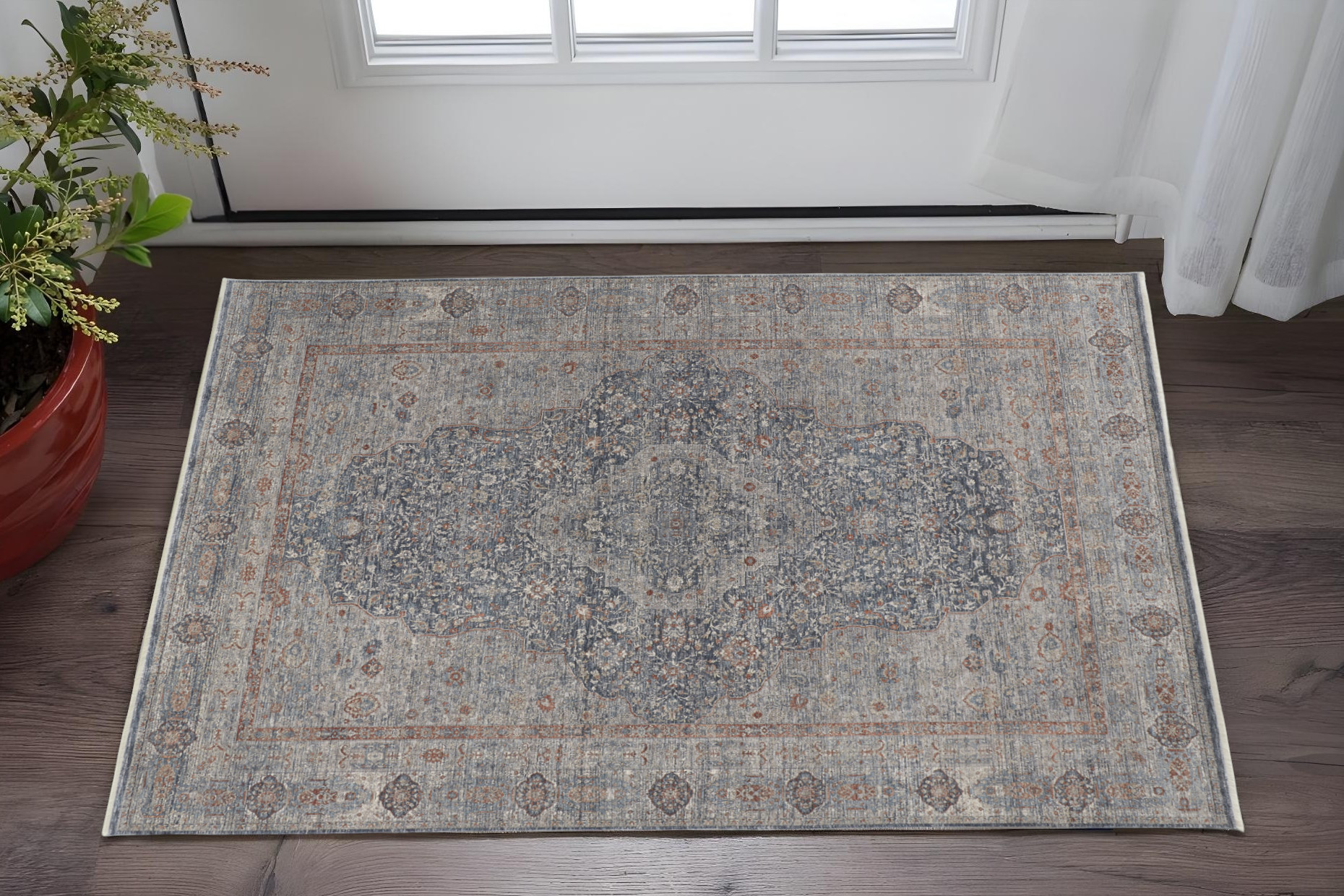 2" X 3" Gray Blue and Red Oriental Power Loom Worn Faded Area Rug With Fringe