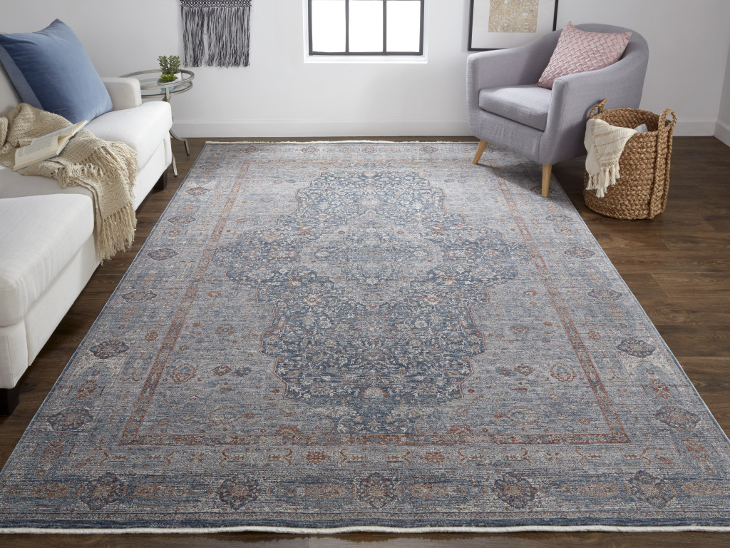 2" X 3" Gray Blue and Red Oriental Power Loom Worn Faded Area Rug With Fringe