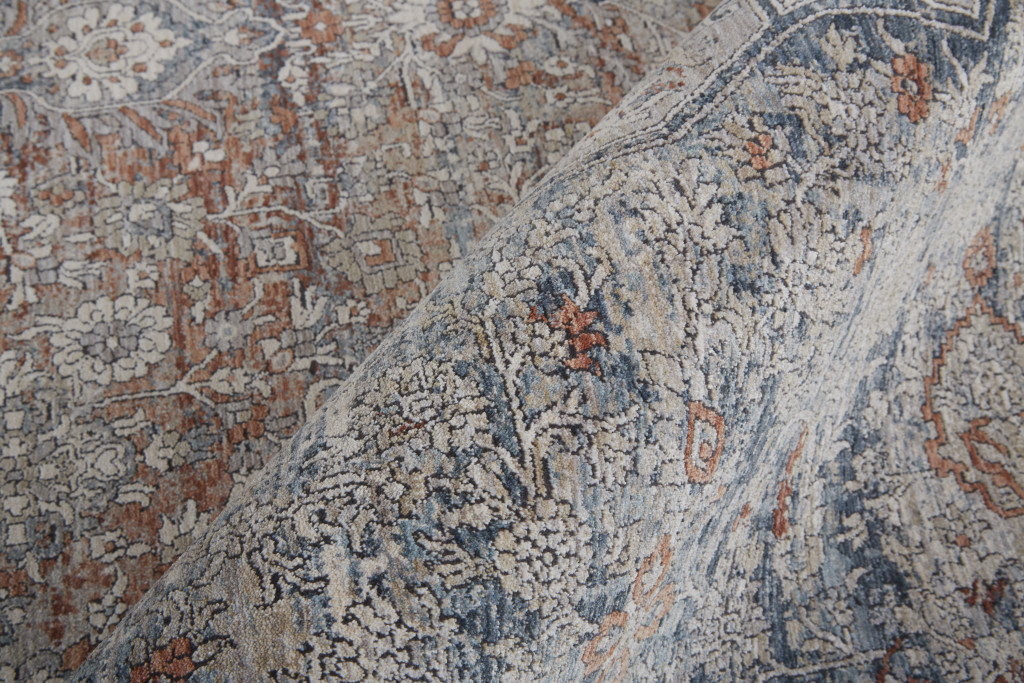10" Gray Ivory and Orange Oriental Power Loom Runner Rug With Fringe