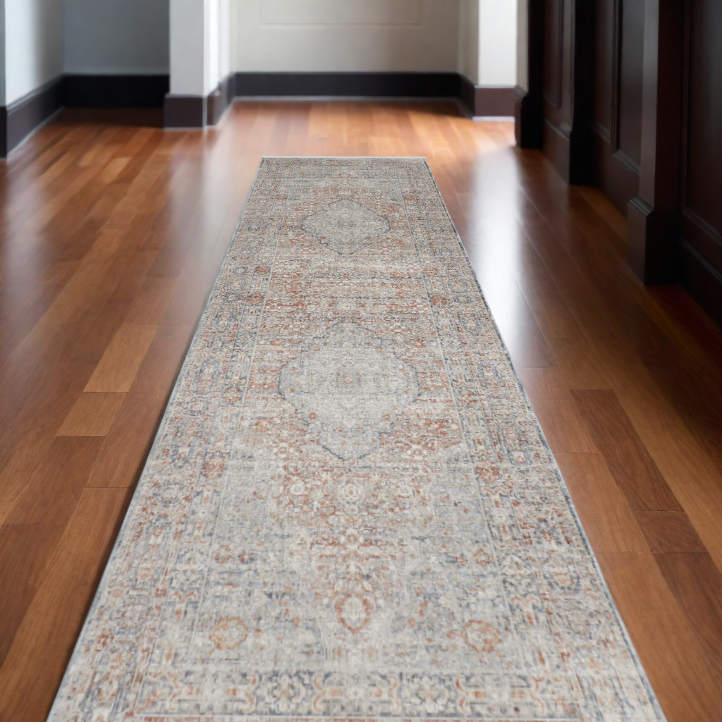 10" Gray Ivory and Orange Oriental Power Loom Runner Rug With Fringe
