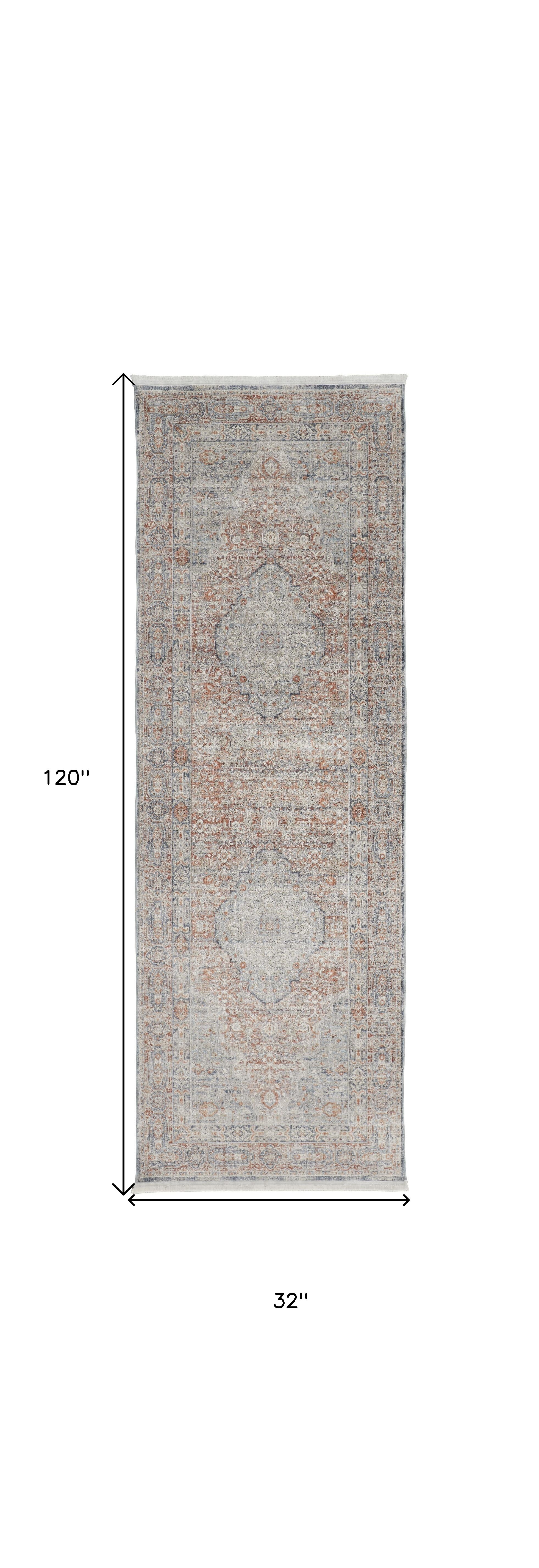 10" Gray Ivory and Orange Oriental Power Loom Runner Rug With Fringe