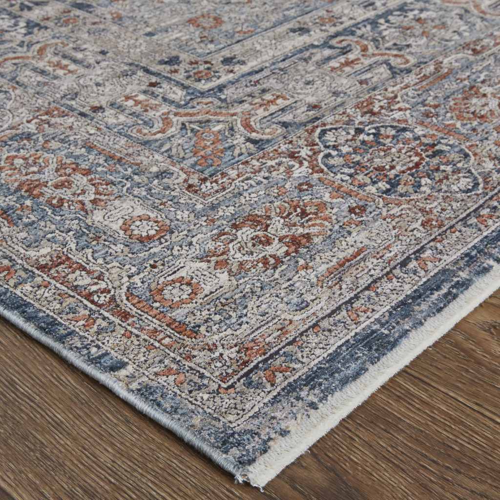 12" Gray Ivory and Orange Oriental Power Loom Worn Faded Runner Rug With Fringe